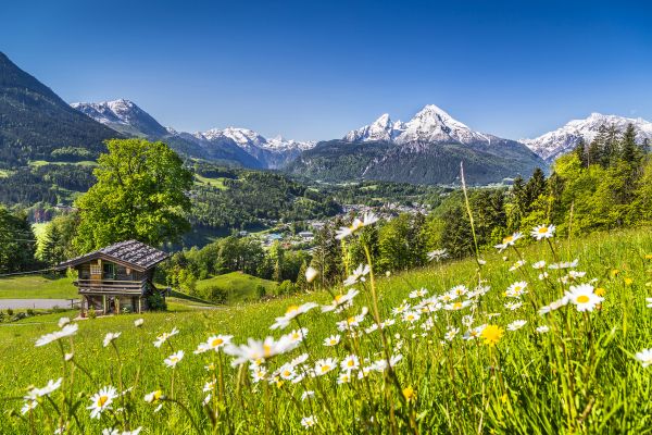 Idyllische Landschaft mit Berghütte in den Alpen
